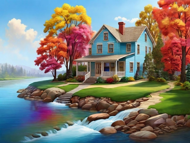 a painting of a house with a river and trees