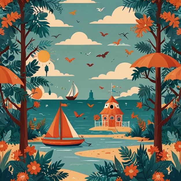 a painting of a house with a sailboat on the water whimsical illustration style Flat background