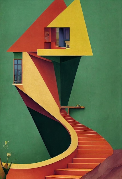 Painting of a house with staircase going up to window generative ai