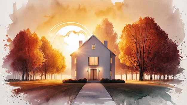 a painting of a house with a sun in the sky