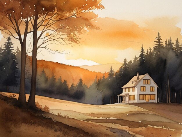 a painting of a house with a tree in the background