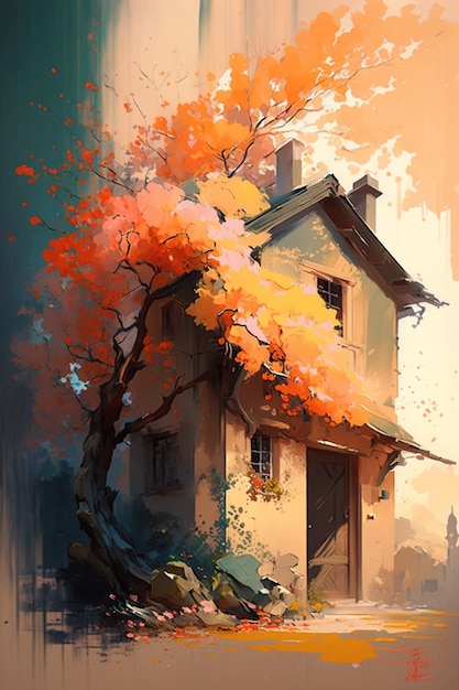 A painting of a house with a tree in the corner