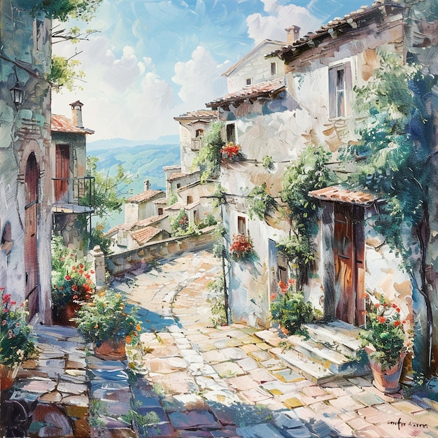 Photo a painting of a house with a view of the mountains