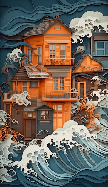 A painting of a house with waves crashing on it