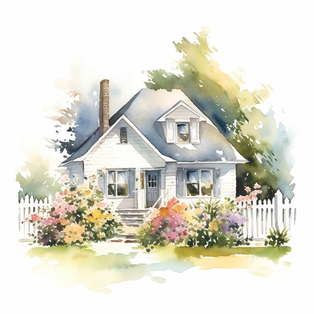 Painting of a house with a white picket and flowers generative ai