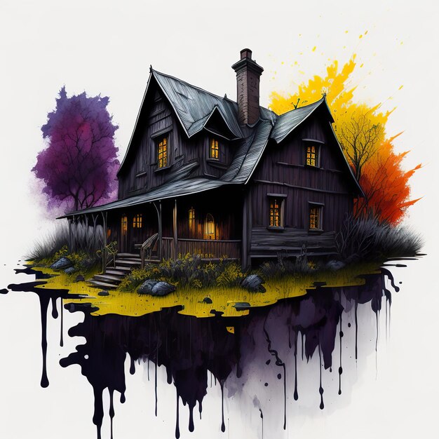 A painting of a house with the words " the house " on it.