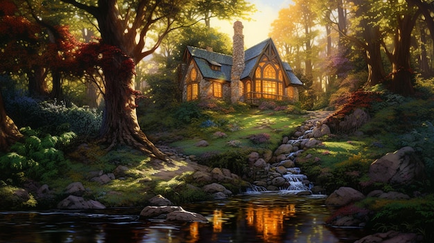 painting of a house in the woods with a stream running through it generative ai