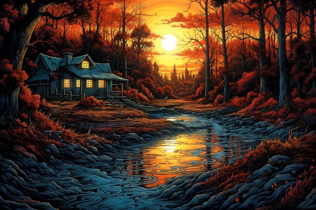 A painting of a house in the woods with the sun setting behind it.