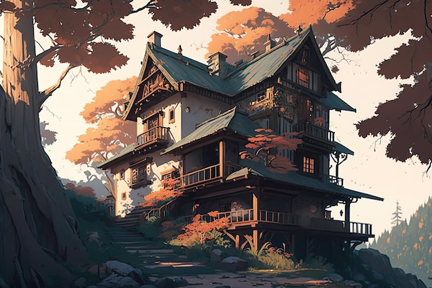 A painting of a house in the woods