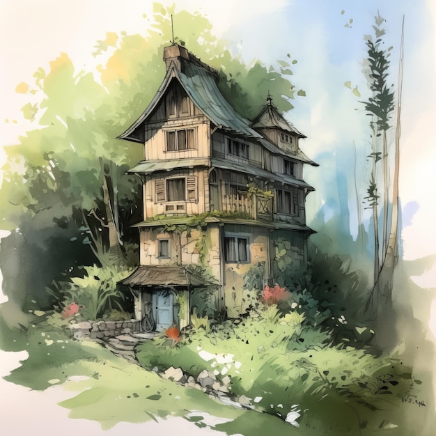 A painting of a house in the woods