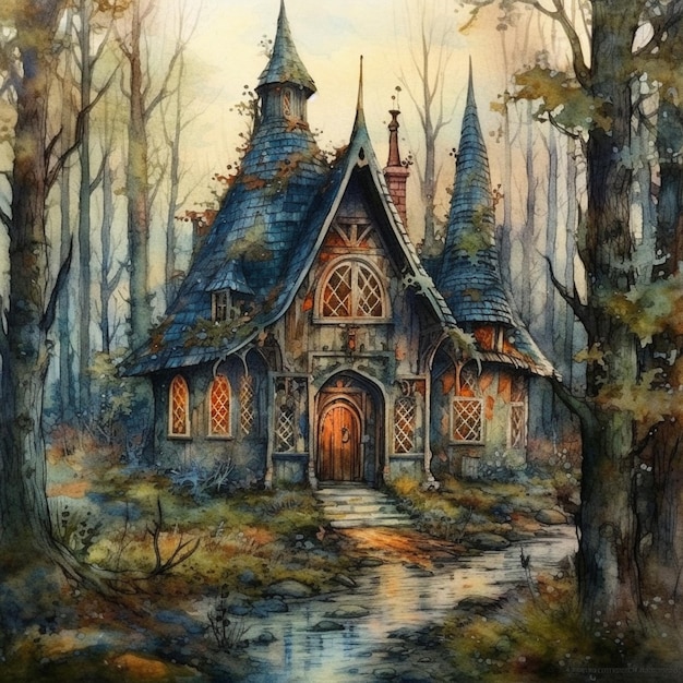 A painting of a house in the woods.