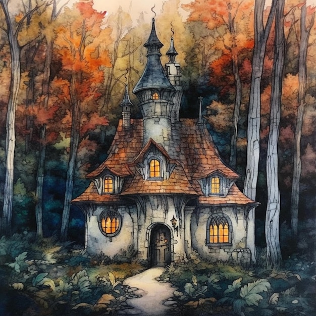 A painting of a house in the woods