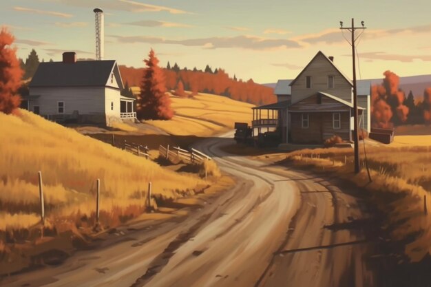 A painting of houses in a rural area with a road leading to a farm