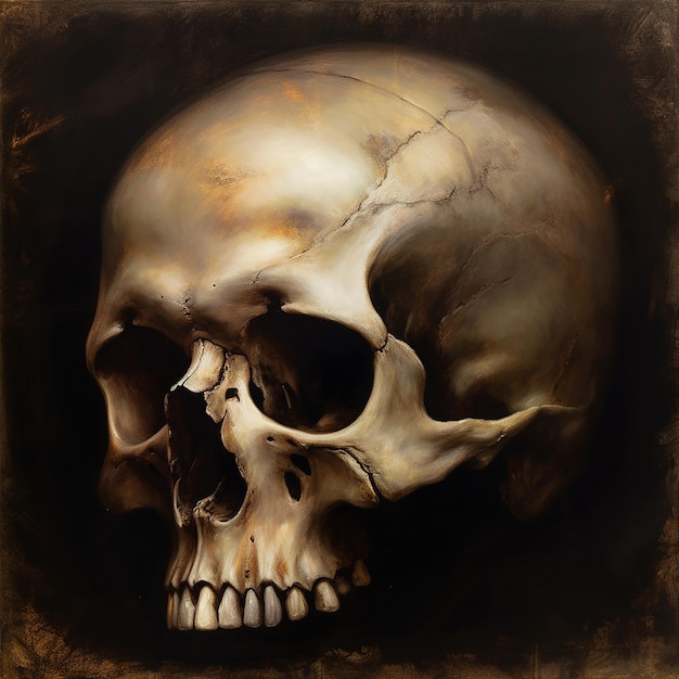 A painting of a human skull with the lower jaw visible.