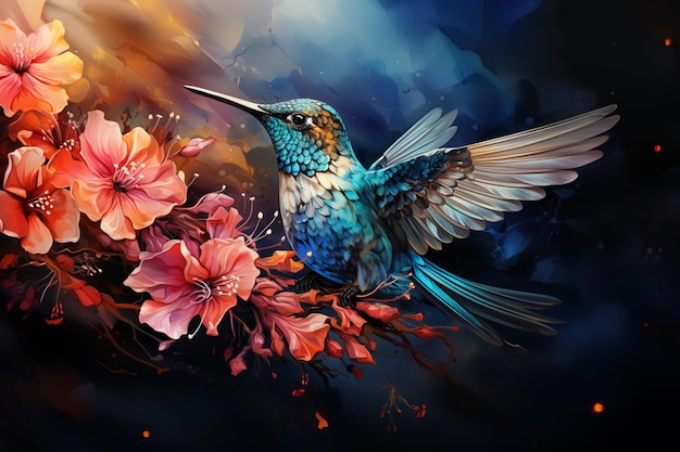 Painting of a hummingbird flying over a flower filled branch generative ai