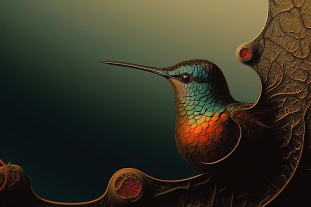 A painting of a hummingbird with a blue and gold head.