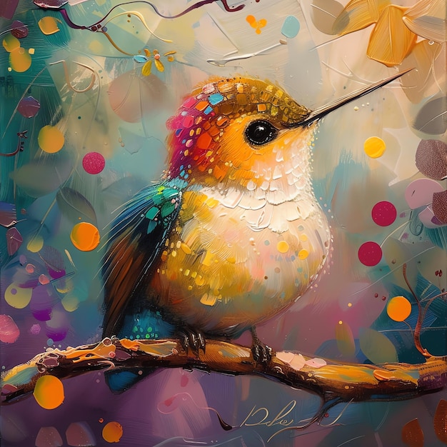 a painting of a hummingbird with a colorful background