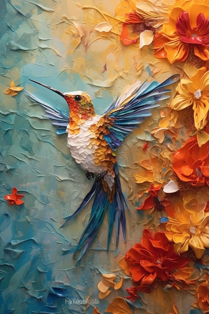 painting of a hummingbird with colorful feathers and flowers on a blue background generative ai