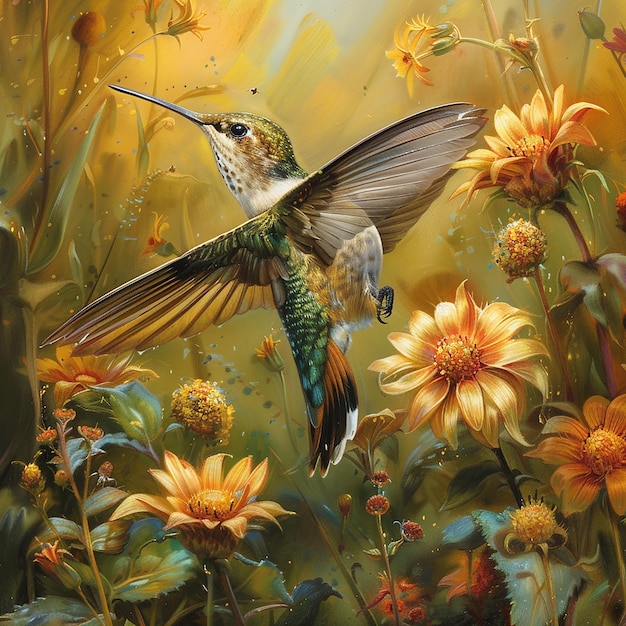 a painting of a hummingbird with flowers and a bird in it