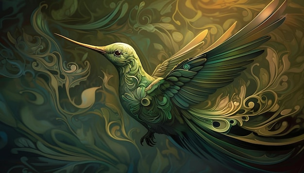 Painting of a hummingbird with a green body and yellow wings generative ai