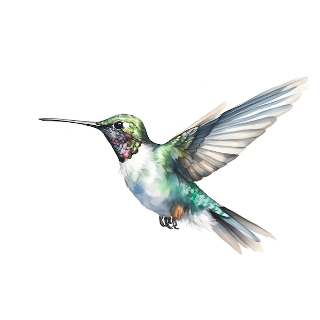 A painting of a hummingbird with green and white feathers.