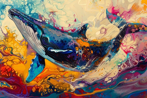 painting of a humpback whale in a colorful ocean scene generative ai