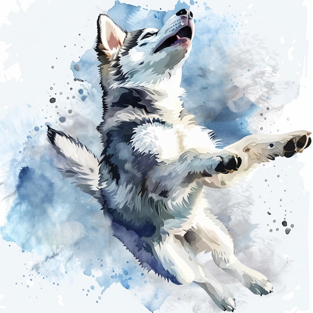 painting of a husky dog jumping up in the air generative ai