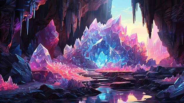 Photo a painting of an ice cave with a reflection of the sky and the sun behind it