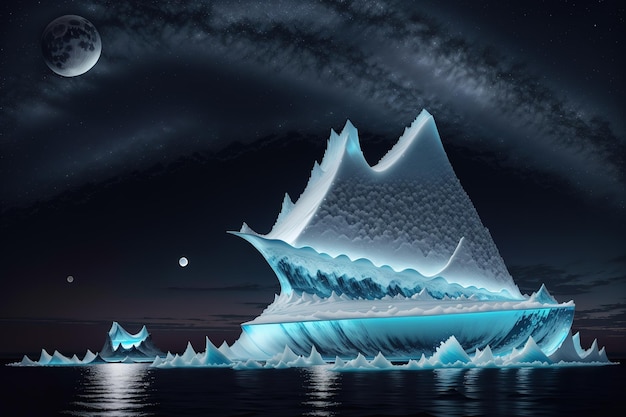 A painting of an iceberg with the moon behind it