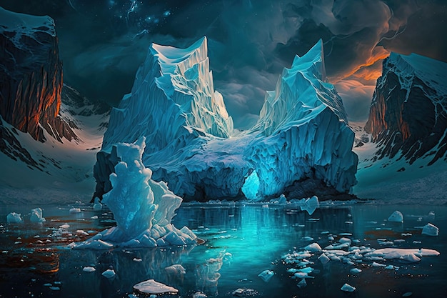 A painting of an iceberg with the sun shining on it.