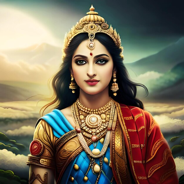 Photo a painting of indian goddess laxmi with a blue and red outfit and gold jewelry