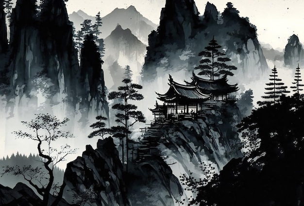 Painting ink of the mountain creative digital illustration painting scenery background