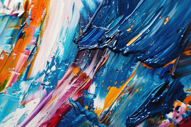 The painting is a colorful abstract piece with splatters of blue red