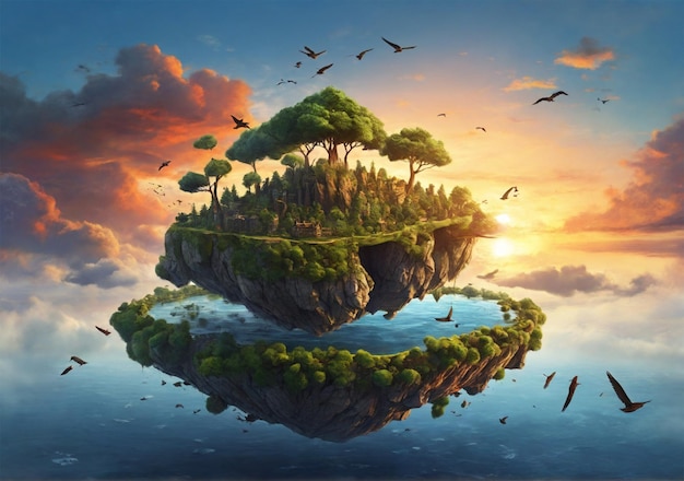 a painting of a island with birds flying around it