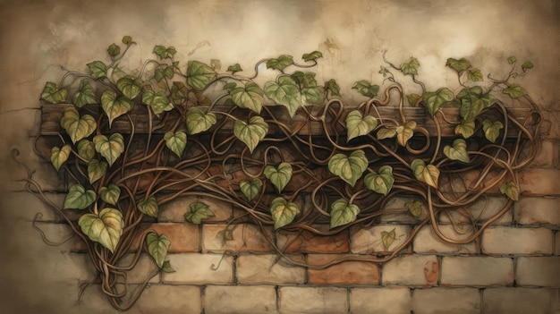 A painting of ivy vines on a brick wall