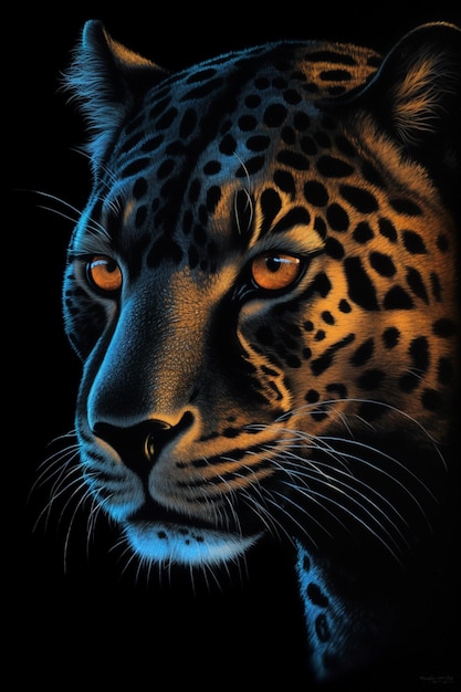 A painting of a jaguar's face with orange eyes.