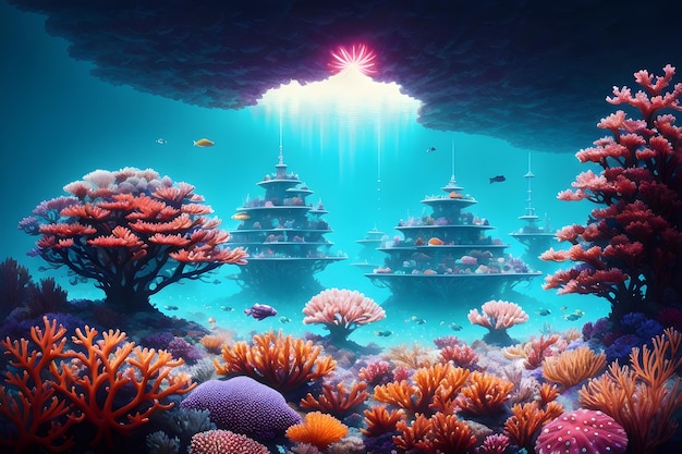 A painting of a japanese city under the sea