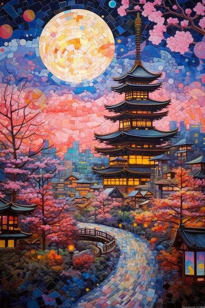 A painting of a japanese city with a moon in the background.