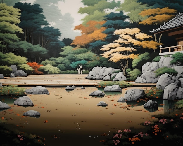 A painting of a japanese garden with a pagoda in the background.