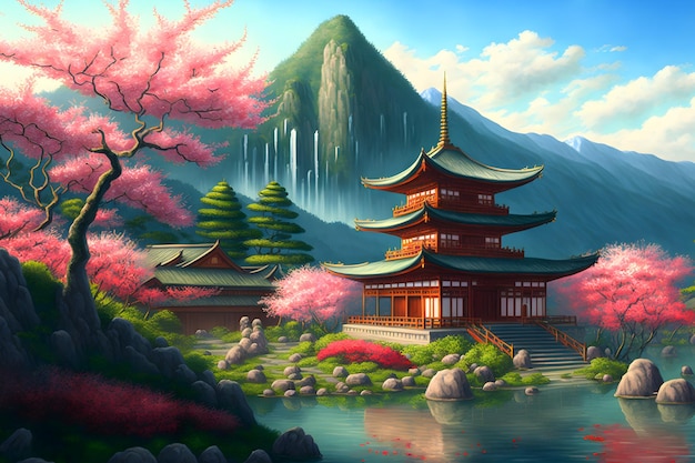 A painting of a japanese house with a mountain in the background