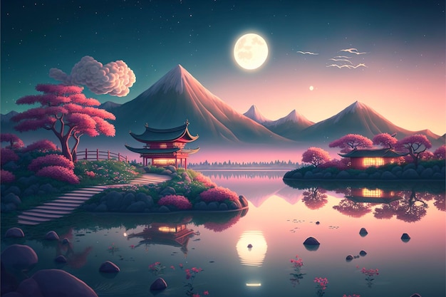 Painting of a japanese landscape at night generative ai