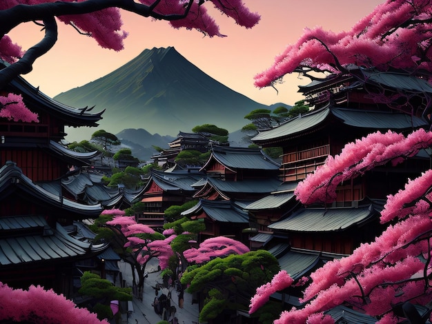 A painting of a japanese landscape with pink flowers and a mountain in the background.