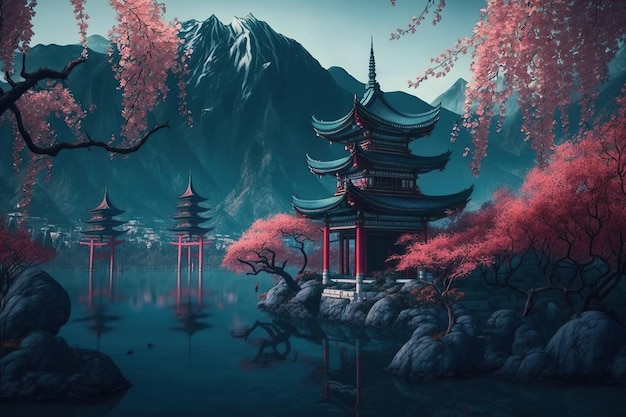 A painting of a japanese temple with a mountain in the background