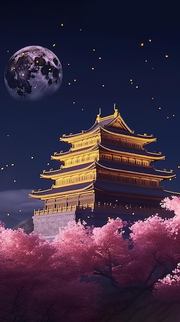 A painting of a japanese tower with the moon in the background.