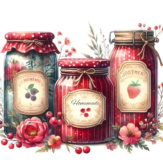 a painting of jars of fruit and a strawberry jam