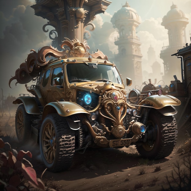 A painting of a jeep with a gold elephant head on the front.