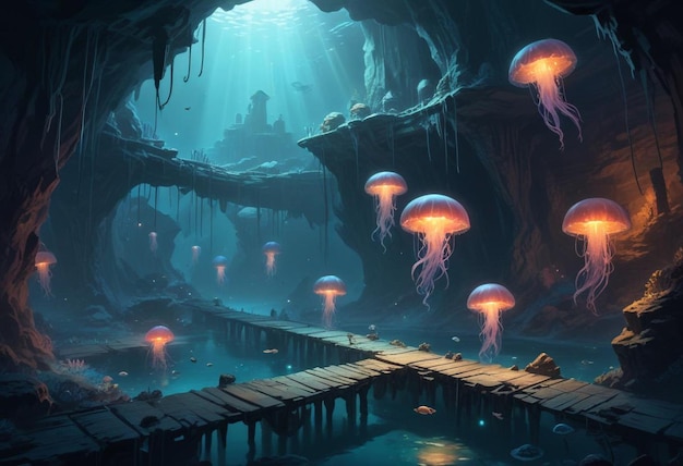 a painting of jellyfish under a cave with a blue light on the bottom