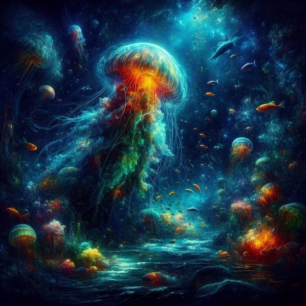 a painting of a jellyfish and a jellyfish