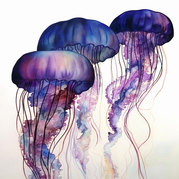 A painting of jellyfish with purple and blue colors