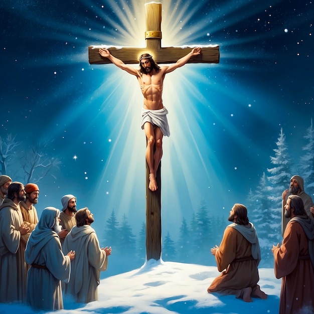 a painting of jesus on a cross with the words jesus on it